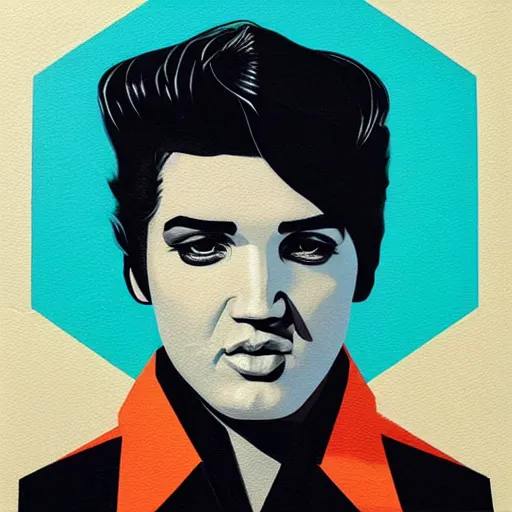 Prompt: Elvis Presley profile picture by Sachin Teng, asymmetrical, dark vibes, Realistic Painting , Organic painting, Matte Painting, geometric shapes, hard edges, graffiti, street art:2 by Sachin Teng:4