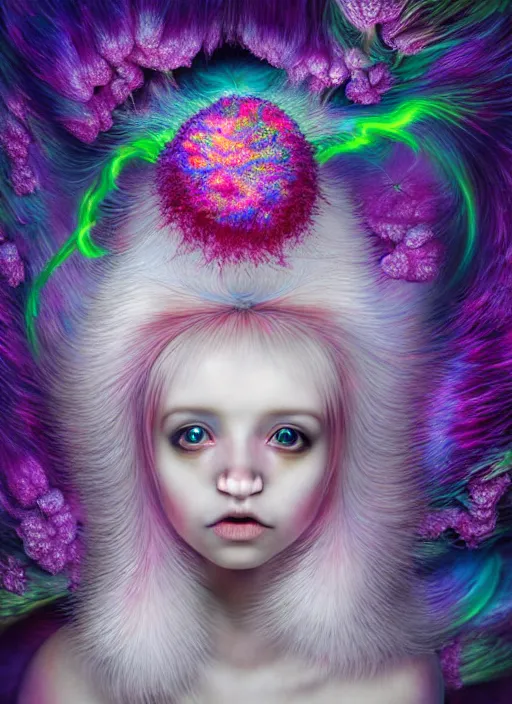 Image similar to hyper detailed 3d render like a Oil painting - kawaii portrait Aurora (white haired Singer Ferret) seen Eating of the Strangling network of yellowcake aerochrome and milky Fruit and Her delicate Hands hold of gossamer polyp blossoms bring iridescent fungal flowers whose spores black the foolish stars by Jacek Yerka, Mariusz Lewandowski, Houdini algorithmic generative render, Abstract brush strokes, Masterpiece, Edward Hopper and James Gilleard, Zdzislaw Beksinski, Mark Ryden, Wolfgang Lettl, hints of Yayoi Kasuma, octane render, 8k