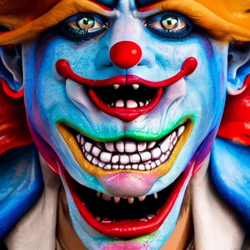 Image similar to 4K headshot of godlike clown with blue skin defined arms and open hands and bloody clothes with giant mandala wings , intricate clown face make-up , flawless anime cel animation by Kentaro Miura, psychedelic , highly detailed upper body , professionally post-processed , beautiful, scary, symmetry accurate features, epic, octane rendered, anime masterpiece, accurate