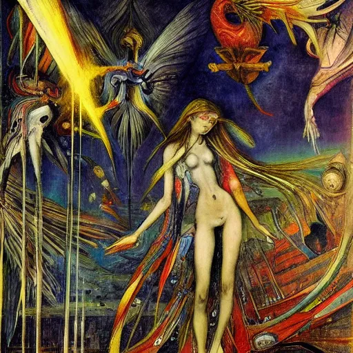 Image similar to by gustave moreau, by wifredo lam unnerving, comforting. a beautiful illustration of a space battle with wild, bright colors.