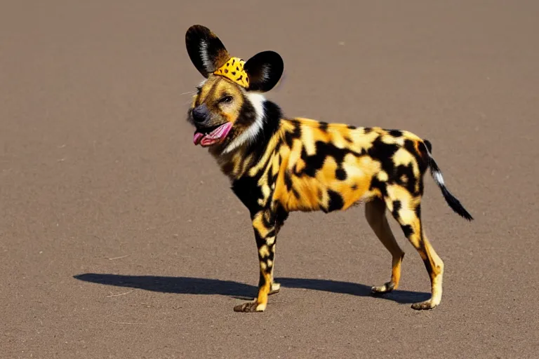 Image similar to A photo of the world's greatest showman: the african painted dog dressed in a hat!