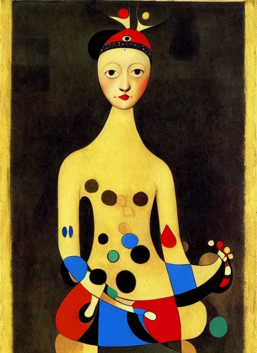 Prompt: portrait of young woman in renaissance dress and renaissance headdress, art by joan miro