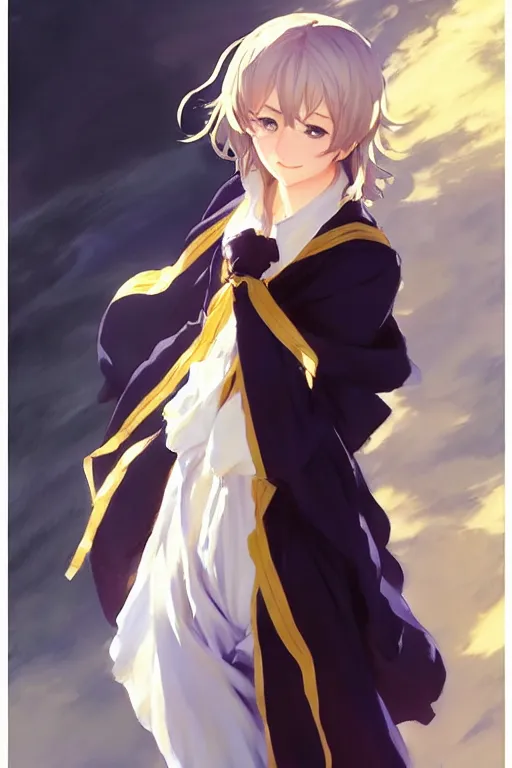 Image similar to greg manchess painting of anime art full body portrait character concept art, anime key visual of violet evergarden, j. c leyendecker, trending on pixiv fanbox, violet evergarden