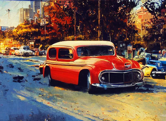 Image similar to hotrods driving down a street , vintage, high detail, golden hour, 8K, by John Berkey