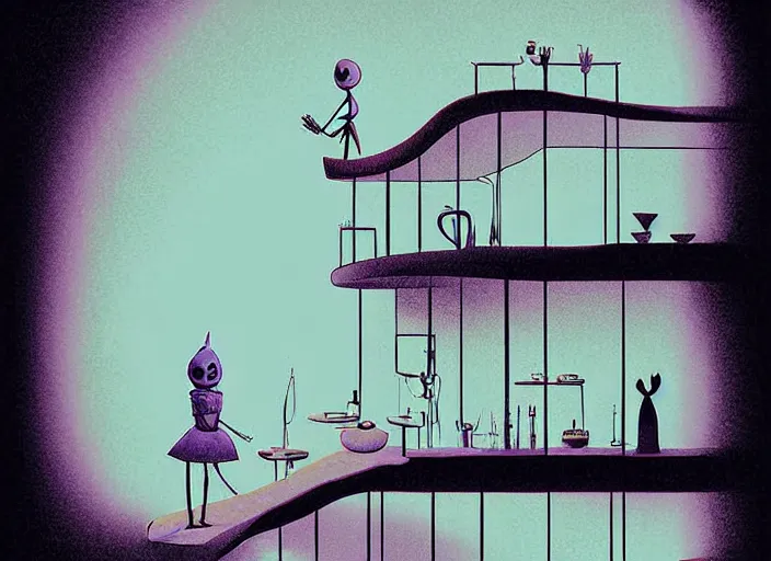 Prompt: multilevel curved perspective digital art of a dim lit kitchen (from Tim Burtons Nightmare Before Christmas) by Christopher Balaskas