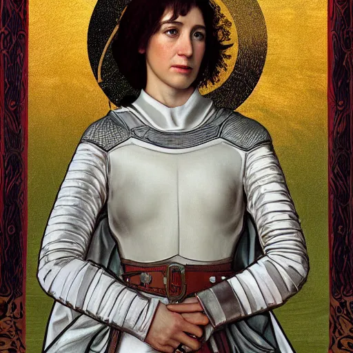 Image similar to portrait of charlotte gainsbourg as joan of arc, hyperreal digital painting, iconography influenced by alphonse mucha and eugene delacroix, arstation and deviantart trends, high resolution 8 k