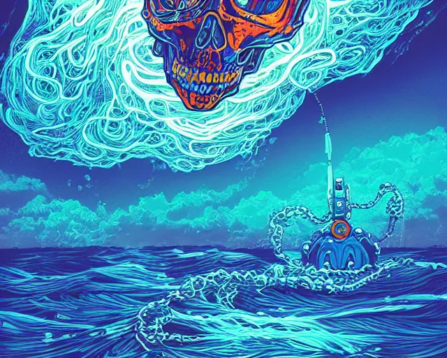 Prompt: Cerulean swirling blooms, cables and electrical wires twisting across an aquatic bubbly robot skull, dan mumford and alena aenami, ross tran