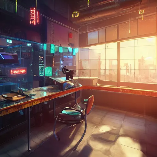 Prompt: in a futuristic cyberpunk city, a cat wearing a backpack sleeps on a counter at a diner, cgisociety, unreal engine, render, atmospheric,