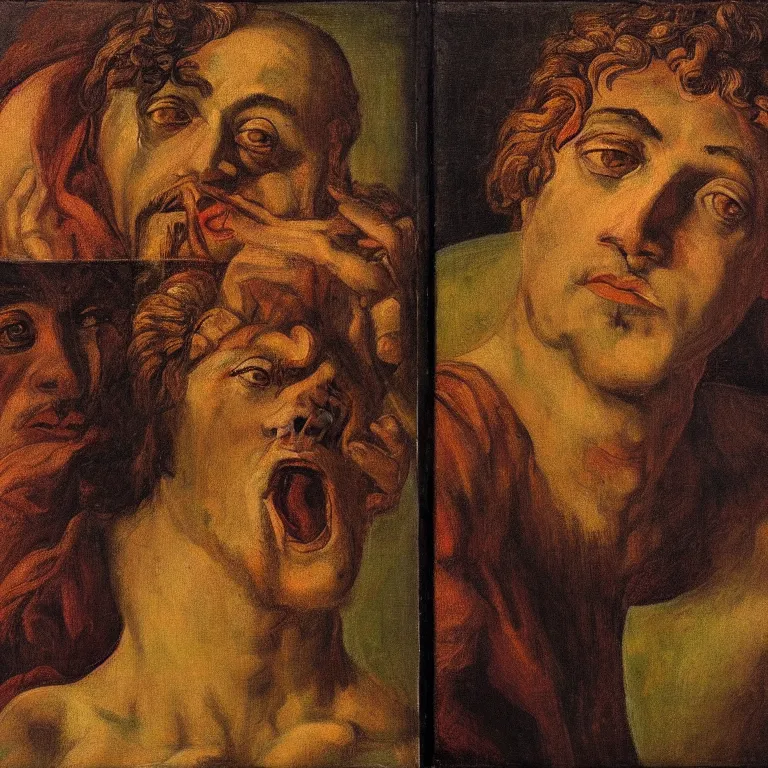 Prompt: portrait, headshot, of Dionysus, the Greek god of wine, heartbroken by 20th-century artist Francis Bacon triptych , high detail