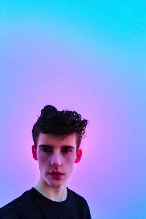 Image similar to high quality pastel coloured film mid angle selfie photograph of a beautiful young 2 0 year old male, soft features, short black hair, standing in an icelandic black rock environment. atmospheric. three point light. photographic. art directed. ( pastel colours ). volumetric light. clearcoat. waves glitch. 8 k. filmic.