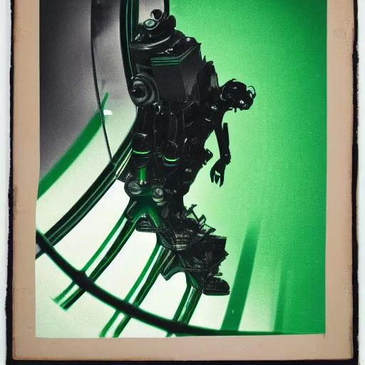 Prompt: duotone black and green portrait of a giant mechanical goliath chasing natasha karsavina