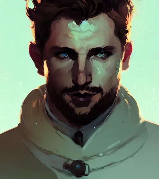 Image similar to portrait of cullen from dragon age with golden eyes, dark hair by atey ghailan, by greg rutkowski, by greg tocchini, by james gilleard, by joe fenton, by kaethe butcher, dynamic lighting, gradient light blue, brown, blonde cream and white color scheme, grunge aesthetic