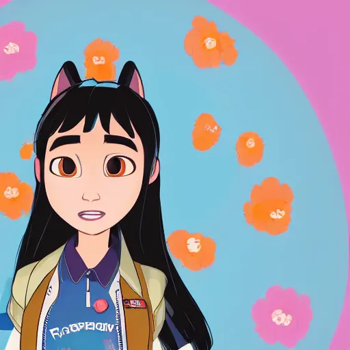 Image similar to upper half portrait, of a anthropomorphic asian girl wearing a denim jacket, in the style of zootopia, far shot, 5 feet away