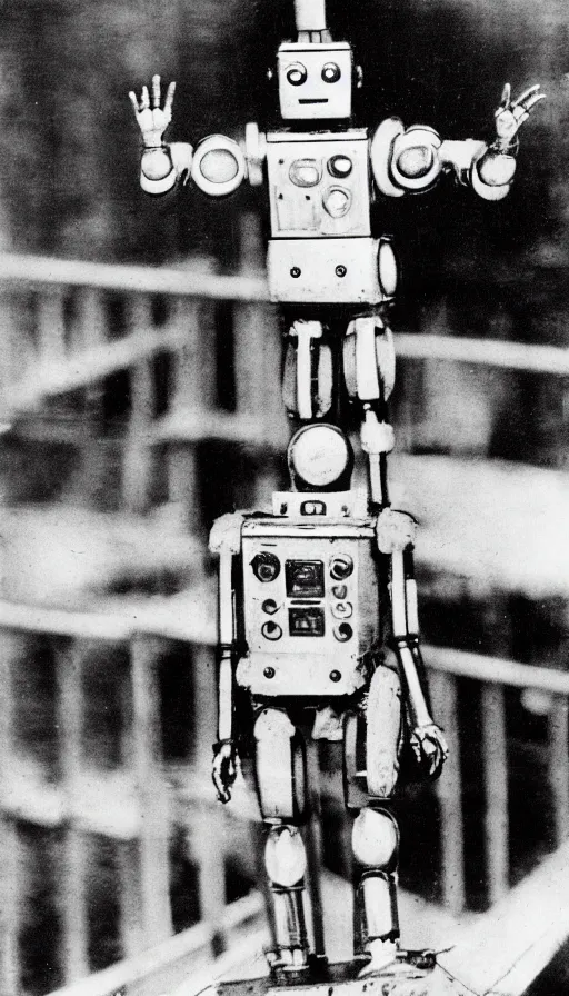 Prompt: old black and white photo of a robot waving good bye from the deck of the titanic