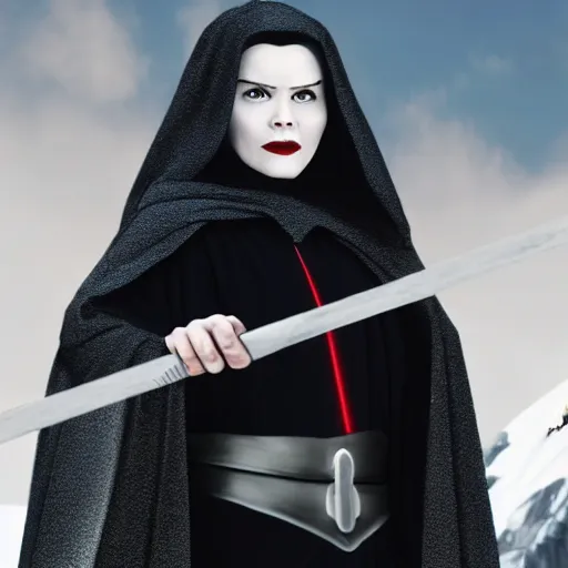 Prompt: a film still of snow white as a sith lord wearing black attire realistic, detailed
