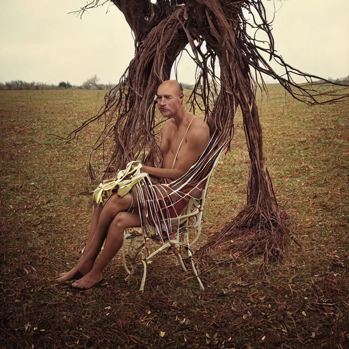 Prompt: closeup portrait of a man with a dress made of ribbons and roots, sitting in a chair in an empty field, by Annie Leibovitz and Steve McCurry, natural light, detailed face, CANON Eos C300, ƒ1.8, 35mm, 8K, medium-format print