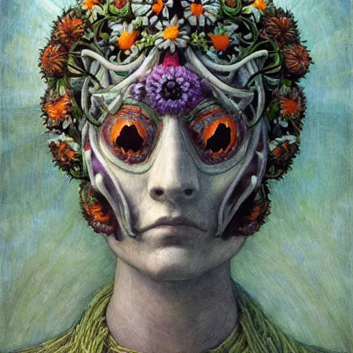 Prompt: masterpiece painting of a facemask made of flowers, by annie swynnerton and jean delville and tino rodriguez and diego rivera, flower shaman, spooky dark eldritch art, art brut, symbolist, dramatic lighting, god rays, elaborate geometric ornament, clean crisp graphics, soft cool colors, smooth sharp focus, extremely detailed, adolf wolfli