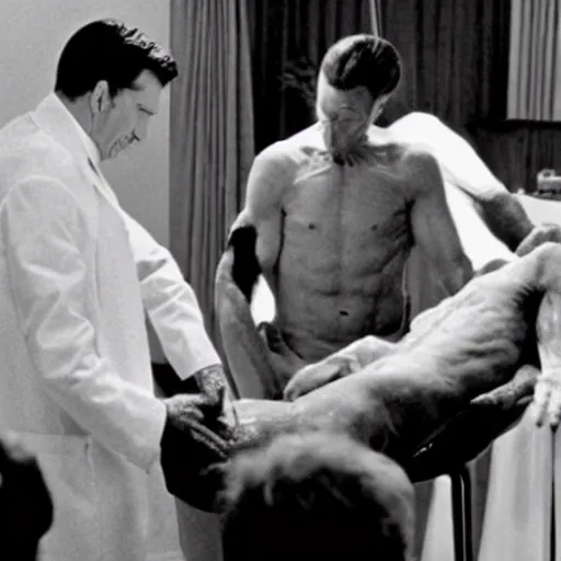 Image similar to Still of Ronald Regan removing his human skin, revealing his lizard body, in the style of Eyes Wide Shut (1999)