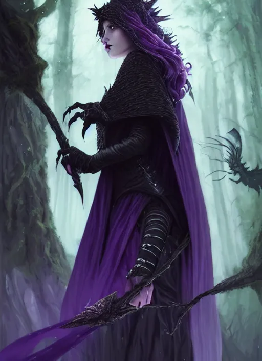 Image similar to side portrait Melanie Strohmaier as dark witch, adventurer outfit large cloak, fantasy forest landscape, dragon scales, fantasy magic, undercut hairstyle, short purple black fade hair, dark light night, intricate, elegant, sharp focus, illustration, highly detailed, digital painting, concept art, matte, art by WLOP and Artgerm and Greg Rutkowski and Alphonse Mucha, masterpiece