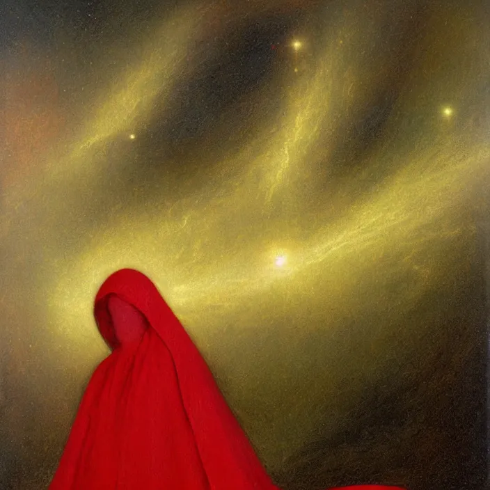 Image similar to a woman in a red hooded cloak in a nebula, by Odd Nerdrum