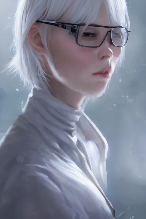 Image similar to a portrait of a scientist android girl with silver hair wearing white lab coat by artgerm and wlop and krenz cushart, painterly