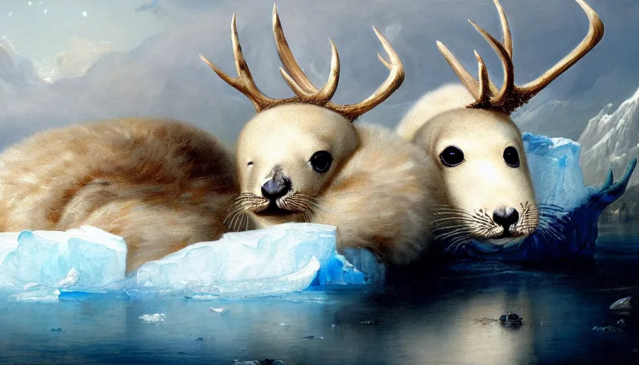 Image similar to highly detailed painting of cute furry white baby seal deer with big furry antlers cuddling into each other on a blue and white iceberg by william turner, by greg rutkowski, by william constable, thick brush strokes and visible paint layers, 4 k resolution