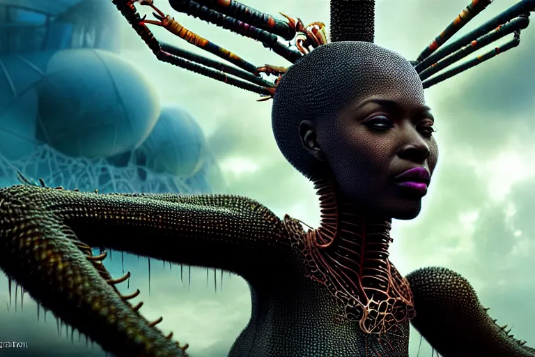 Image similar to realistic detailed closeup portrait movie shot of a beautiful black woman riding a giant spider, dystopian city landscape background by denis villeneuve, amano, yves tanguy, alphonse mucha, max ernst, kehinde wiley, ernst haeckel, caravaggio, roger dean, cyber necklace, rich moody colours, sci fi patterns, wide angle