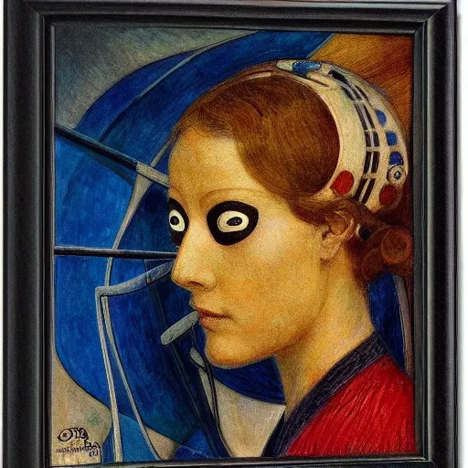 Image similar to the robot in her moth mask, by Annie Swynnerton and Diego Rivera, in profile, symbolist, dramatic lighting, elaborate geometric ornament, Art Brut ,god rays, soft cool colors,smooth, sharp focus, extremely detailed, Adolf Wölfli