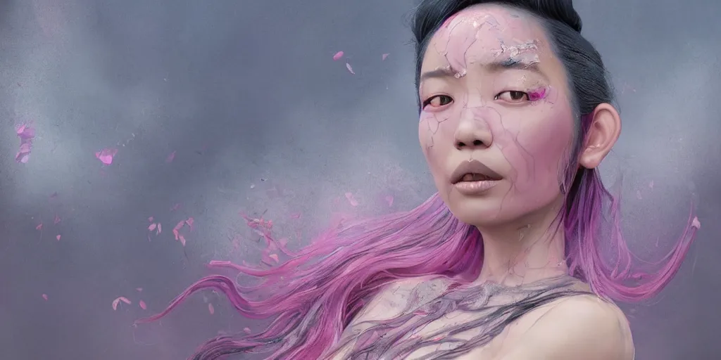 Prompt: a portrait of a very beautiful young asian goddess, seductive smile, with pink and grey hair radiating swirling paint and impasto, sleepy eyes by wlop and monia merlo and fintan magee, background is multicoloured volume displacement, hyperrealism, subsurface scattering, arnold render, 8 k, houdini, xparticles