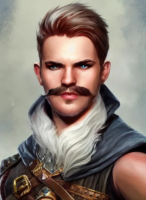 Image similar to young man with short white hair and moustache, dndbeyond, bright, colourful, realistic, dnd character portrait, full body, pathfinder, pinterest, art by ralph horsley, dnd, rpg, lotr game design fanart by concept art, behance hd, artstation, deviantart, hdr render in unreal engine 5