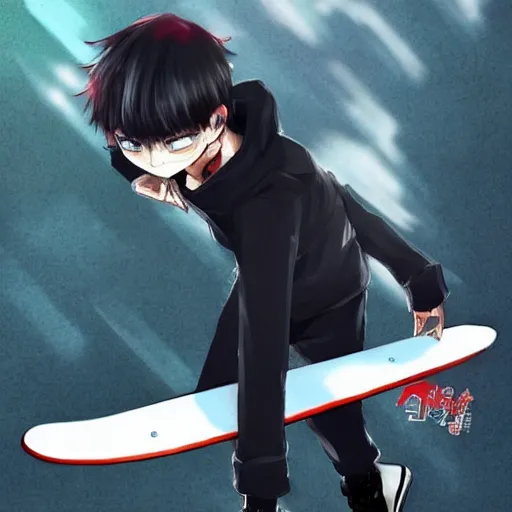 Image similar to Ken Kaneki, holding a skateboard, Hiroaki Tsutsumi style