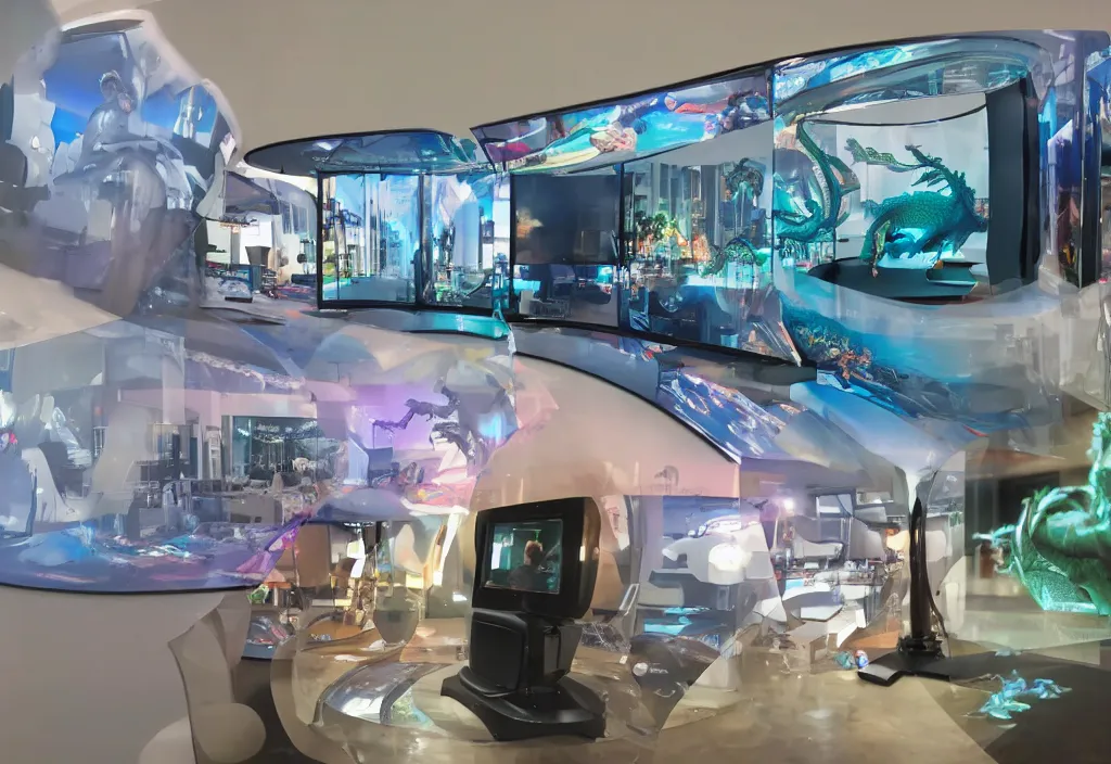 Image similar to curved transparent 3 d videoscreens with dragon, volumetric lighting, bedroom, visor, users, pair of keycards on table, bokeh, creterion collection, shot on 7 0 mm, instax