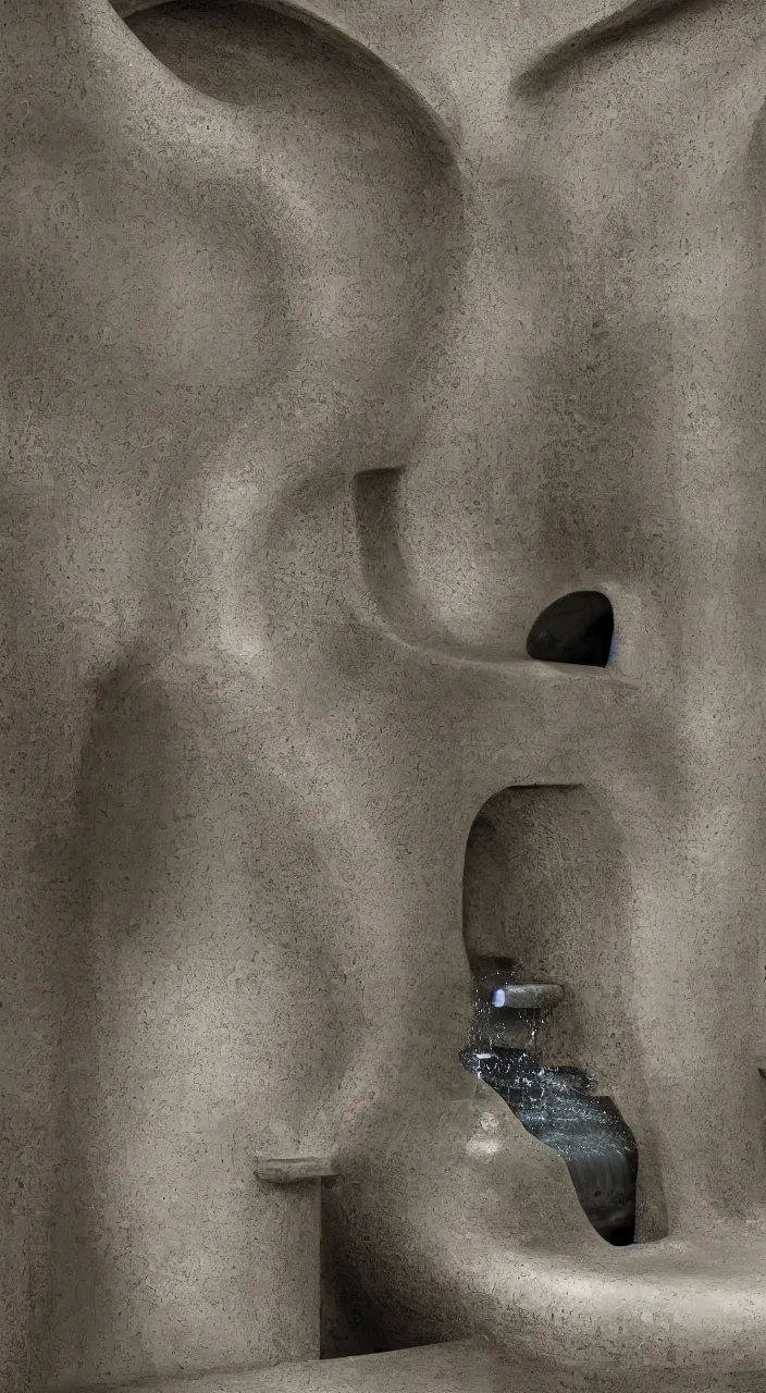 Prompt: a stream of water entering into a machine made from biomorphic amphoras and producing a coin, in the style of a carlo scarpa fountain, architectural photograph, isometric, infrastructure, kidneys, dynamic lighting, clay texture, 8 k