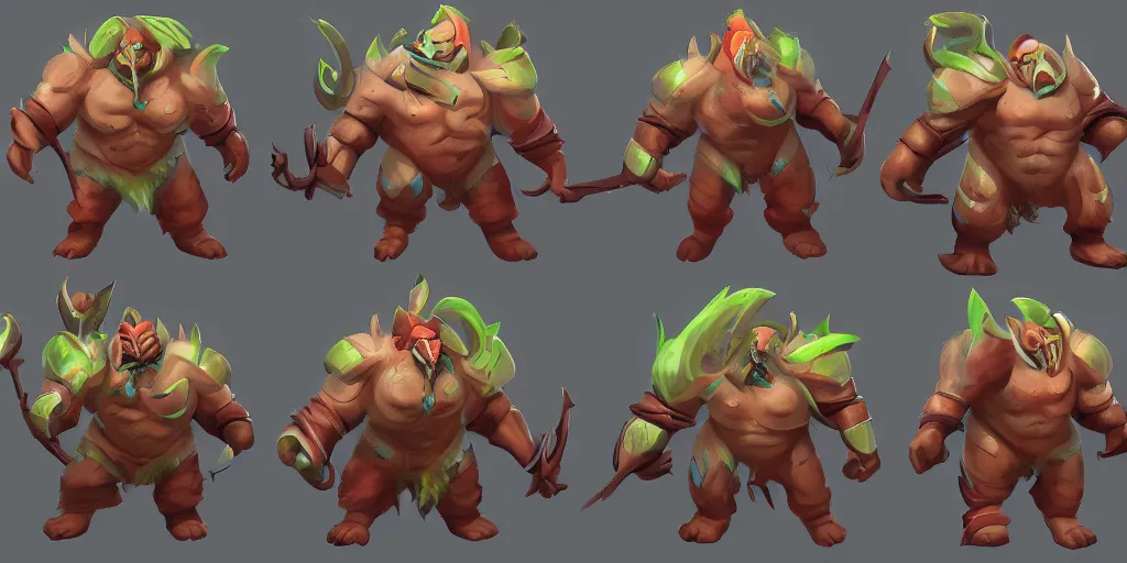 Prompt: three different views of a huskar set for dota 2, concept art by senior character artist, trending on artstation, artstation hd, full body