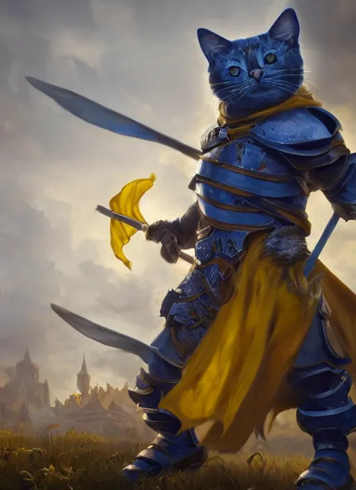 Prompt: An epic fantasy painting of a cat knight with Ukrainian blue and yellow flag, unreal engine, DAZ, hyperrealistic, octane render, cosplay, RPG portrait, dynamic lighting, trending on ArtStation