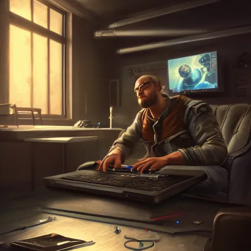 Image similar to realistic man using laptop in gaming room, artstation trends, sci fi concept art, highly detailed, intricate, sharp focus, digital art, 8 k