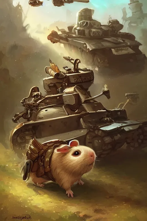 Image similar to cute little anthropomorphic Guinea Pig Infantry advancing next to a tank, tiny, small, short, American tanker outfit, cute and adorable, pretty, beautiful, DnD character art portrait, matte fantasy painting, DeviantArt Artstation, by Jason Felix by Steve Argyle by Tyler Jacobson by Peter Mohrbacher, cinematic lighting