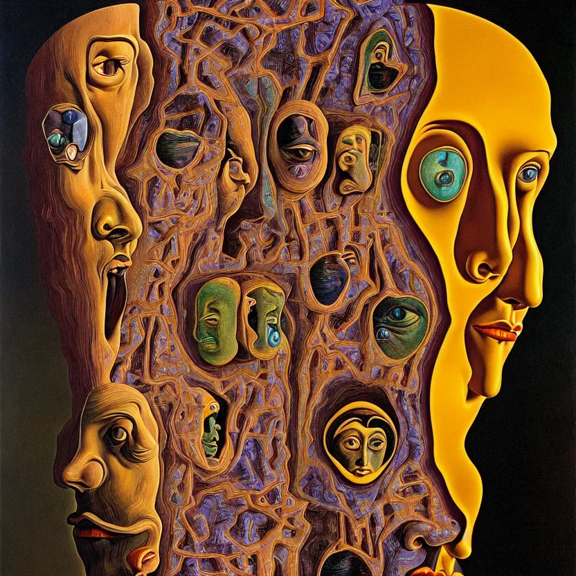 Image similar to a face coming out of a face coming out of a face coming out of a face, recursion, fractals, surreal, by salvador dali and mc escher and max ernst, oil on canvas, weird, dreams, fantasy, intricate details, soft lighting, warm colors