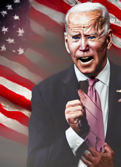 Image similar to hyper realistic ultra realistic wrath horrifying photo furious glowing red eyes biden, high quality photo, detailed , 8k