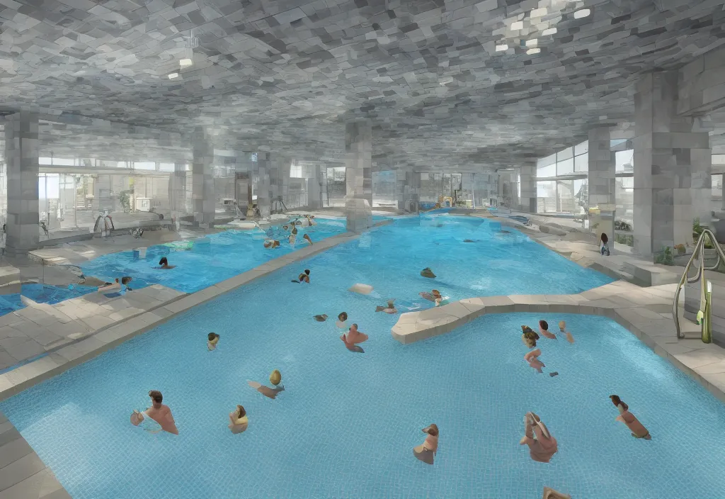 Image similar to an indoor pool area with no people and blocky architecture, tiles on floor, walls, and ceiling, water slides twist round, photo realistic