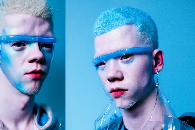 Image similar to a close - up risograph of cyberpunk albinism model men wearing lots of transparent and cellophane accessories, light blue colors, huge earrings and queer make up, blue hour, twilight, cool, portrait, crispy, full - shot, blue sky, kodachrome, photo by mayumi hosokura, style by moebius