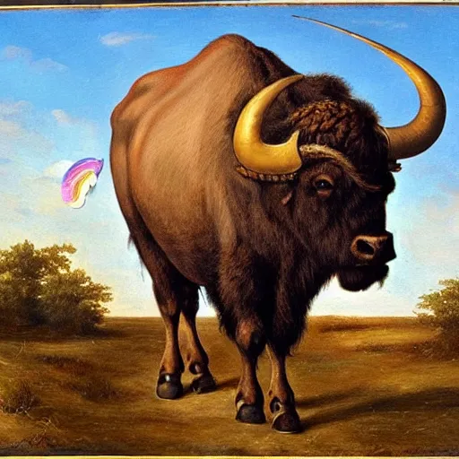 Prompt: A Buffalo with a unicorn horn emerging from its head, painting