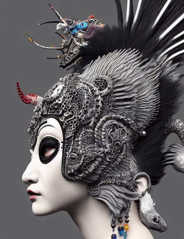 Image similar to 3 d goddess close - up profile portrait punk with mohawk with ram skull. beautiful intricately detailed japanese crow kitsune mask and clasical japanese kimono. betta fish, jellyfish phoenix, bio luminescent, plasma, ice, water, wind, creature, artwork by tooth wu and wlop and beeple and greg rutkowski