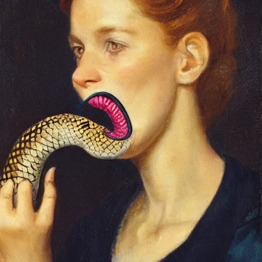 Prompt: a woman with a snake in her mouth