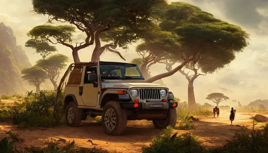 Prompt: mahindra thar driving through madagascar with baobabs trees, tribe members chasing for an attach, action scene, artgerm and greg rutkowski and alphonse mucha, an epic fantasy, volumetric light, detailed, establishing shot, an epic fantasy, trending on art station, octane render, midsommar