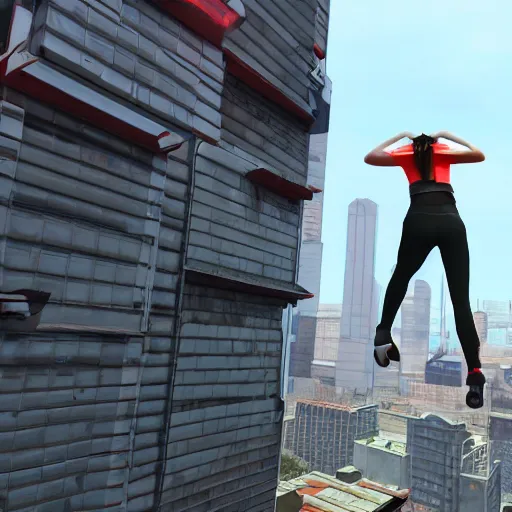 Image similar to parkour delivery service in a cyberpunk setting, city rooftops parkour girl, mirrors edge