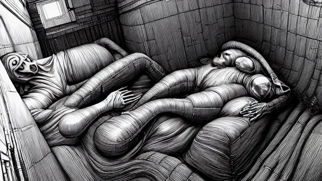 Image similar to comfortable bed that makes me want to sleep, hyperdetailed, artstation, cgsociety, style of Giger, H. R. GIGER, style of Junji Ito, 4K, highly detailed, minimalistic, minimalistic, minimalistic, fine tuned, machina