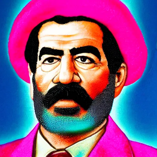 Prompt: rainbow colored portrait of saddam hussein with a pink puffy jacket hat, 8 k, intricate, detailed,