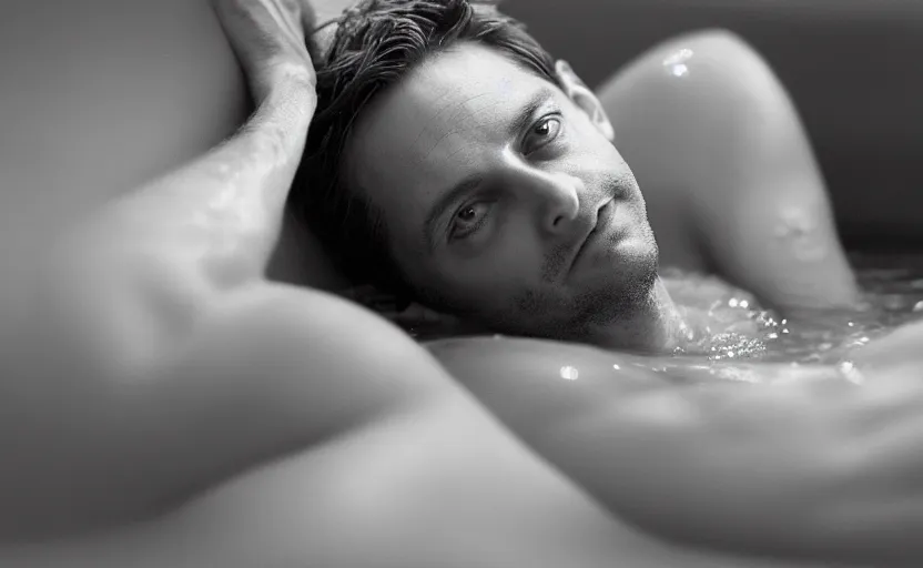 Image similar to photographic portrait by Annie Leibovitz of Tobey Maguire in a hot tub, closeup, foggy, sepia, moody, dream-like, sigma 85mm f/1.4, 15mm, 35mm, 4k, high resolution, 4k, 8k, hd, full color