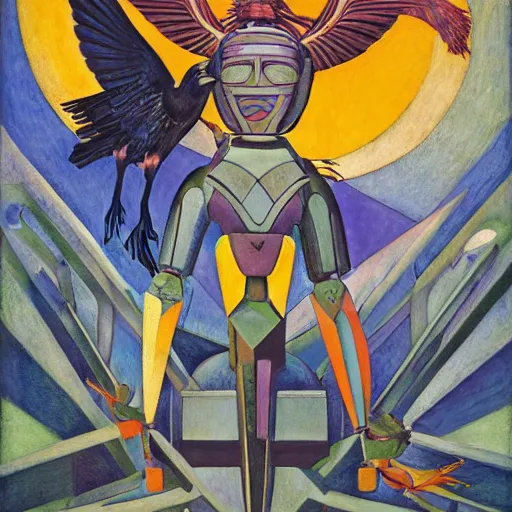 Prompt: the crow in her robot mask stands on the lawn, by annie swynnerton and kit williams and diego rivera and leo and diane dillon and nicholas roerich, symbolist, dramatic lighting, elaborate geometric ornament, art brut, god rays, soft cool colors, smooth, sharp focus, extremely detailed, adolf wolfli